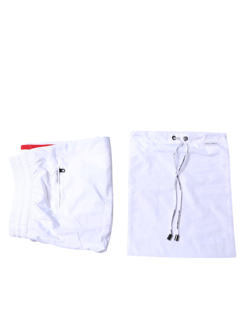 Shorts de bain 2 pièces Dolce & Gabbana à rayures blanches pour plage, vêtement de plage élégant et confortable.