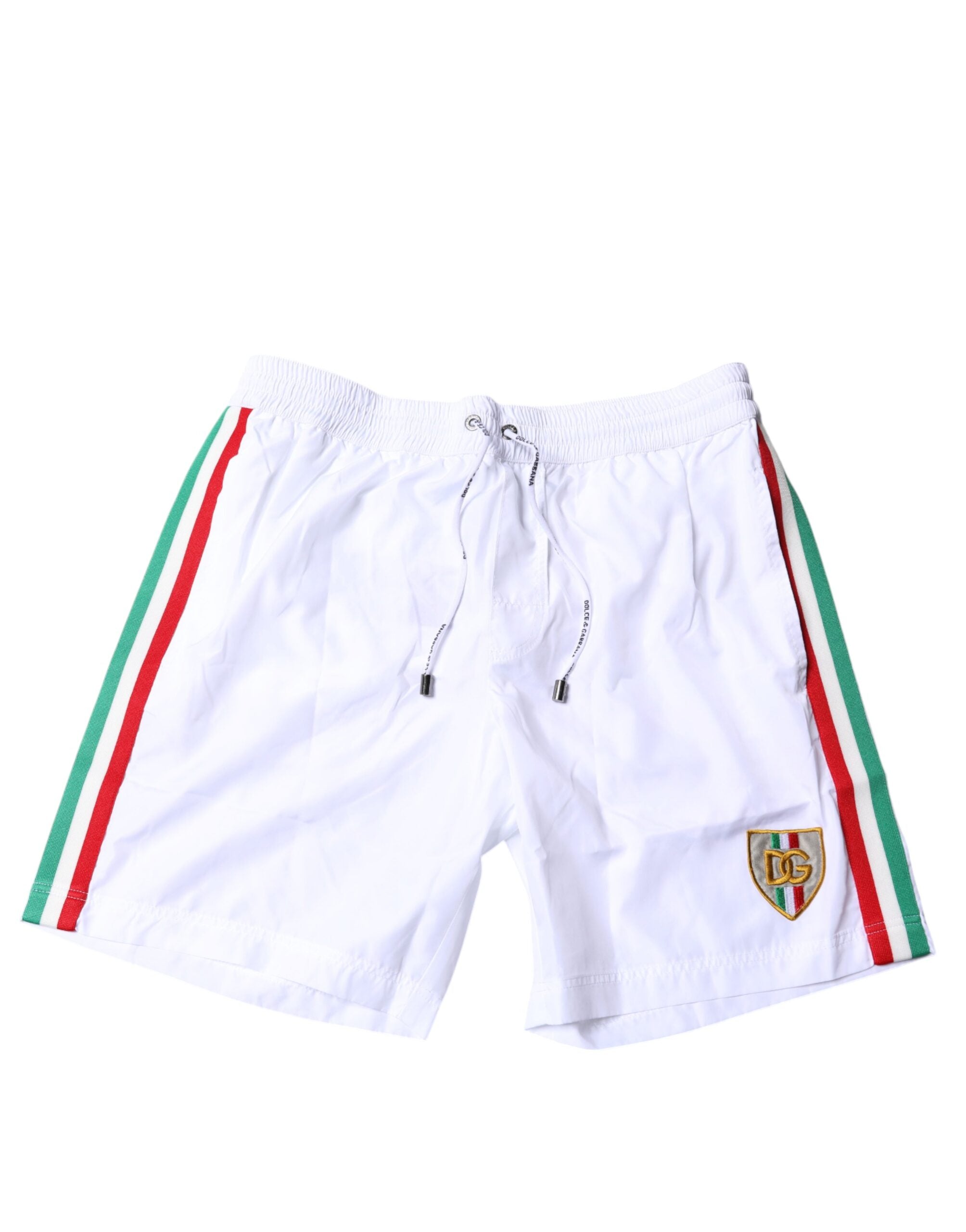 Shorts de bain Dolce & Gabbana à rayures blanches, maillot de bain deux pièces, vêtement de plage élégant et confortable.