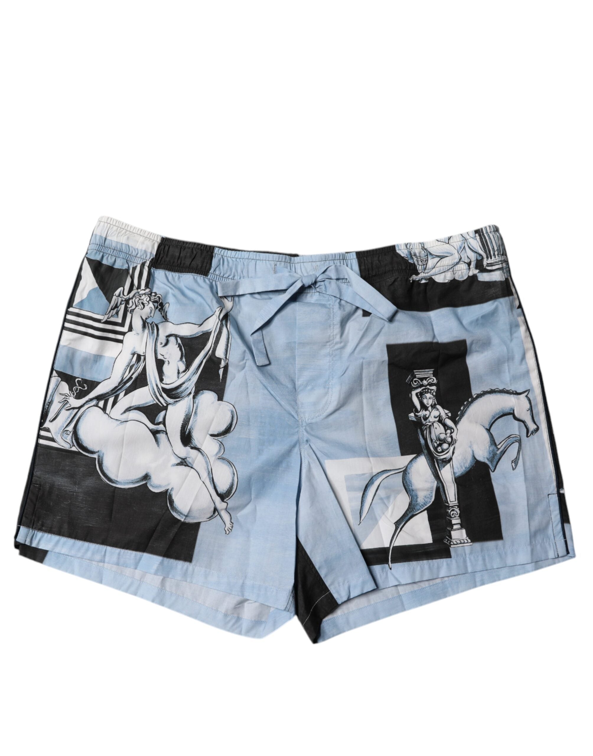 Shorts pour hommes Dolce & Gabbana en coton bleu avec motif statue, style décontracté et élégant.