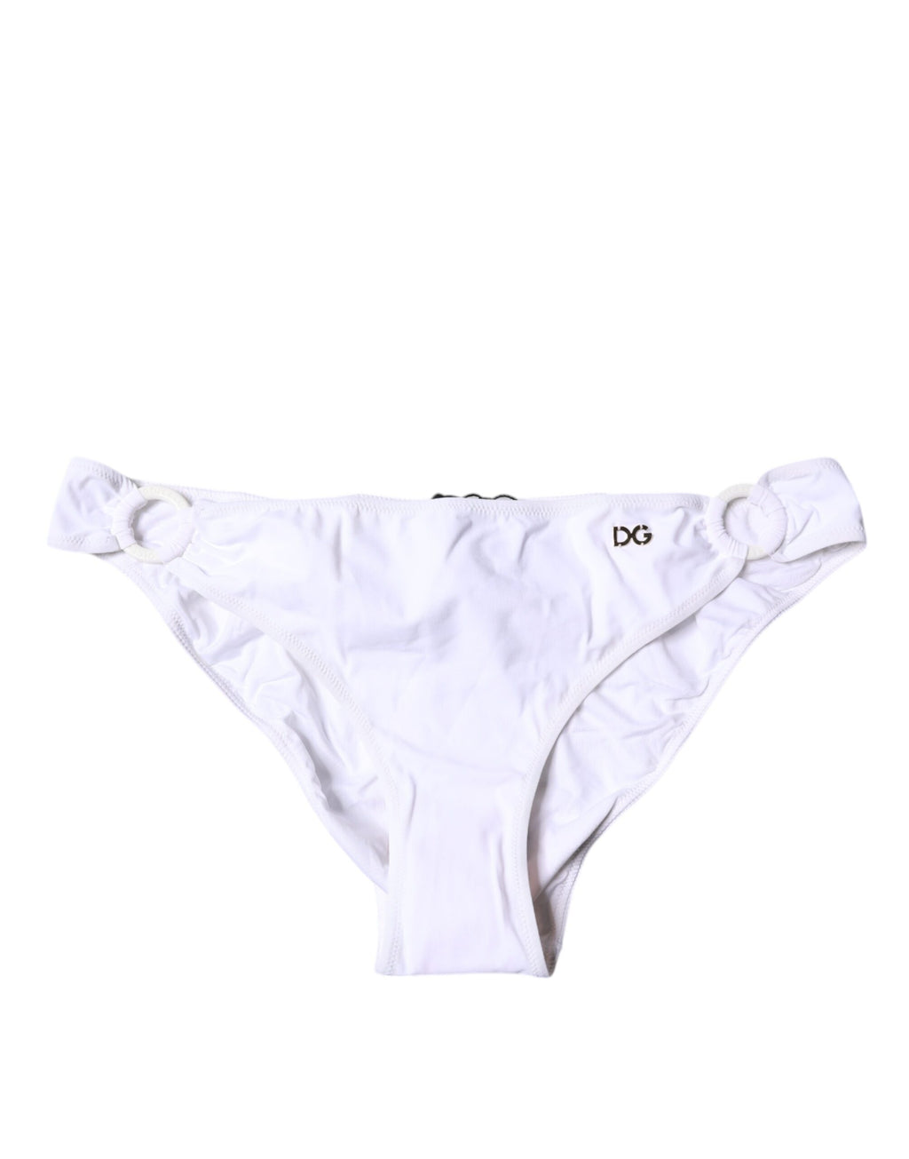 Bas de maillot de bain en nylon blanc Dolce & Gabbana, style plage, détail élastique, vue de face.