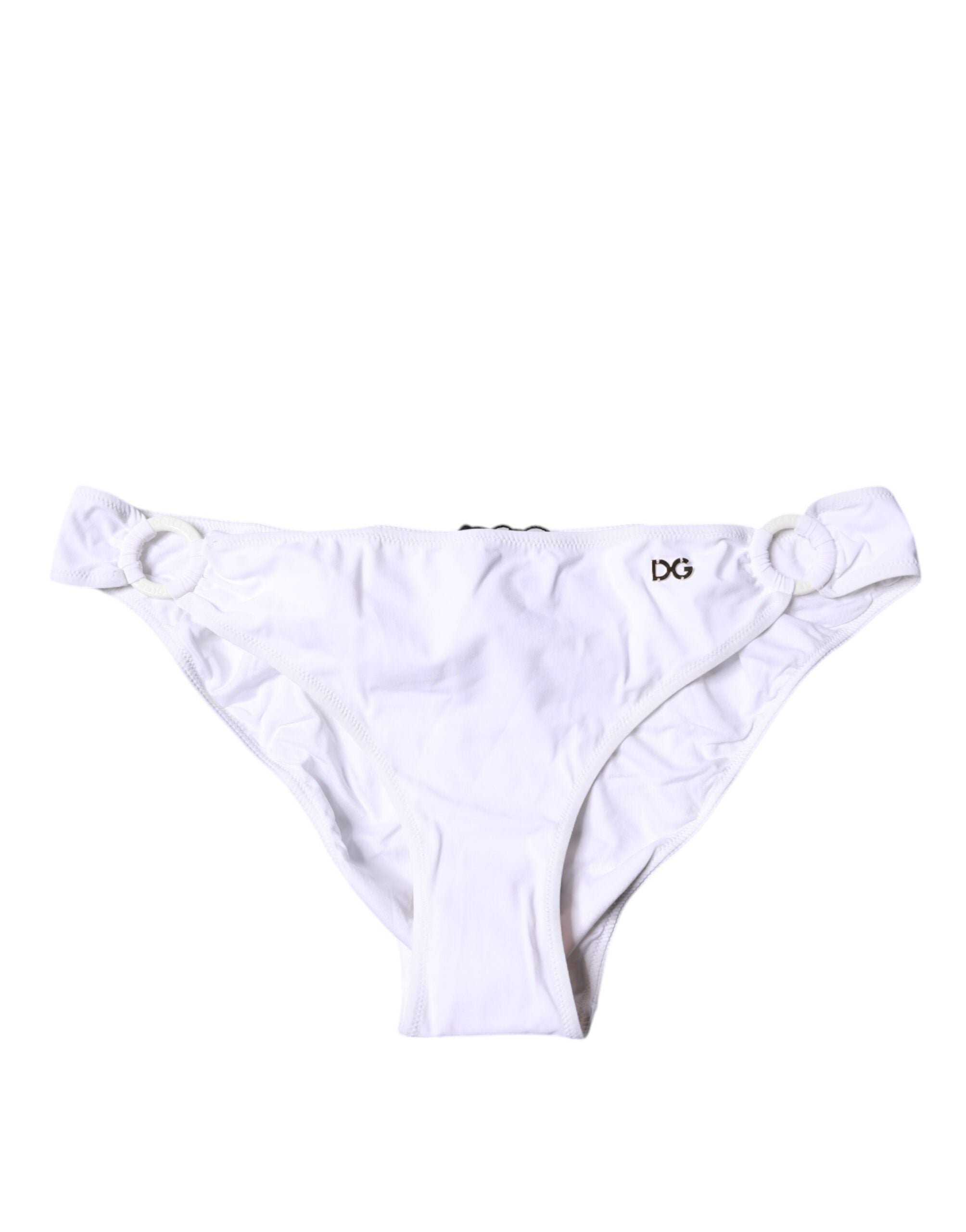Bas de maillot de bain en nylon blanc Dolce & Gabbana, style plage, détail élastique, vue de face.