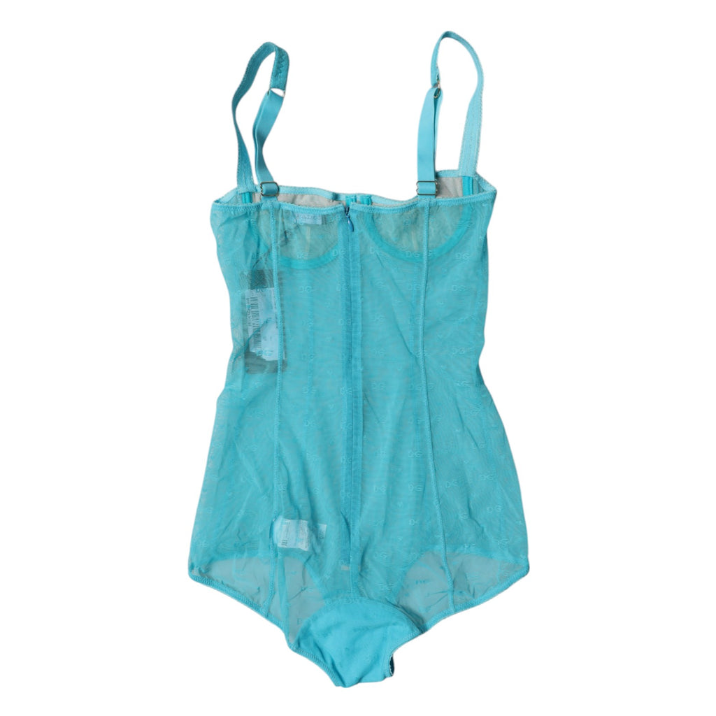 Soutien-gorge balconnet en tulle bleu Dolce & Gabbana, lingerie élégante et raffinée, détail en dentelle et bretelles ajustables.