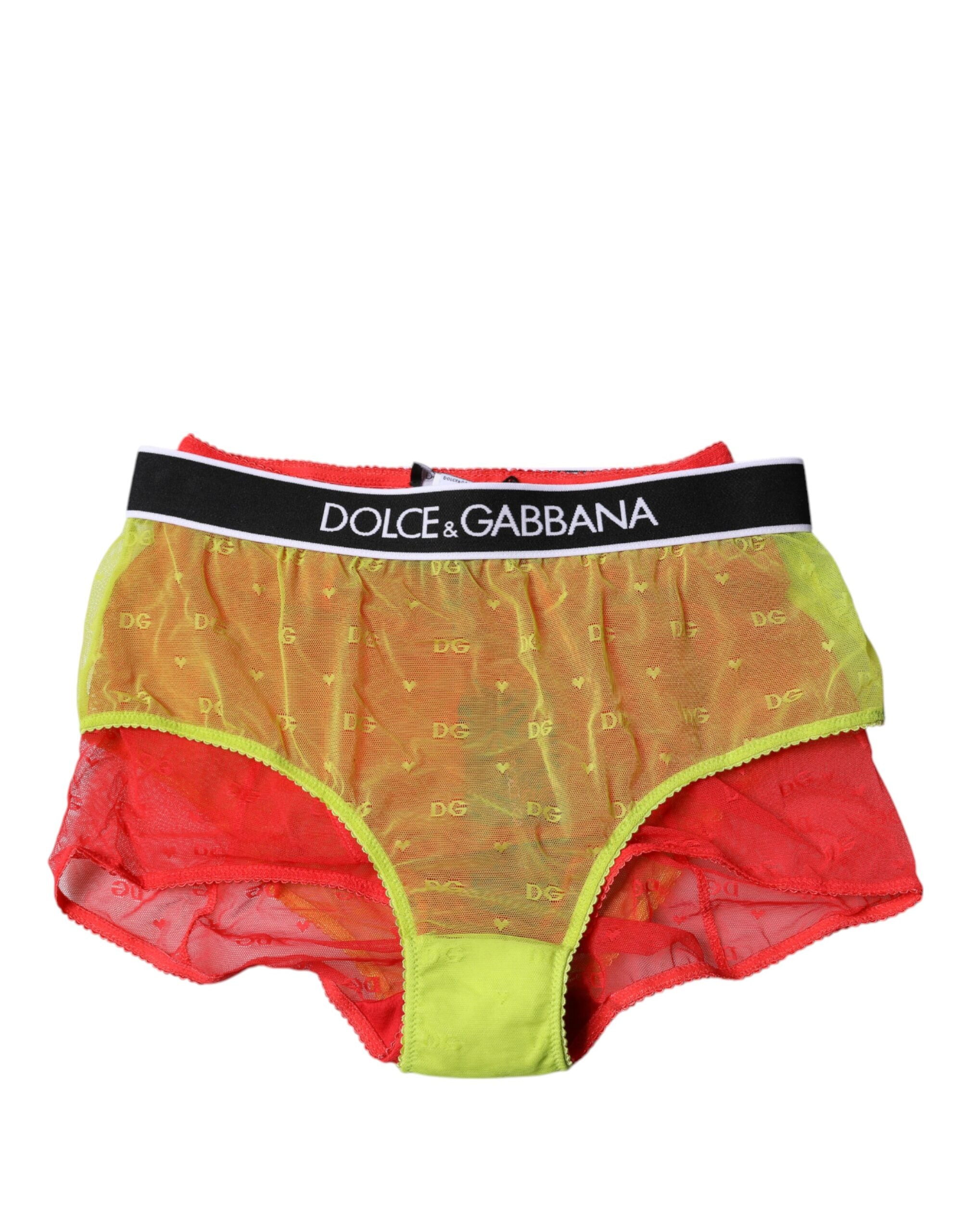 Culotte Dolce & Gabbana rouge et jaune en tulle à taille mi-haute, lingerie élégante et légère.