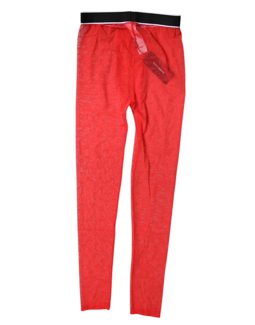 Pantalons lingerie rouges Dolce & Gabbana avec logo en dentelle, ajustés et élégants, visibles sur l'image.