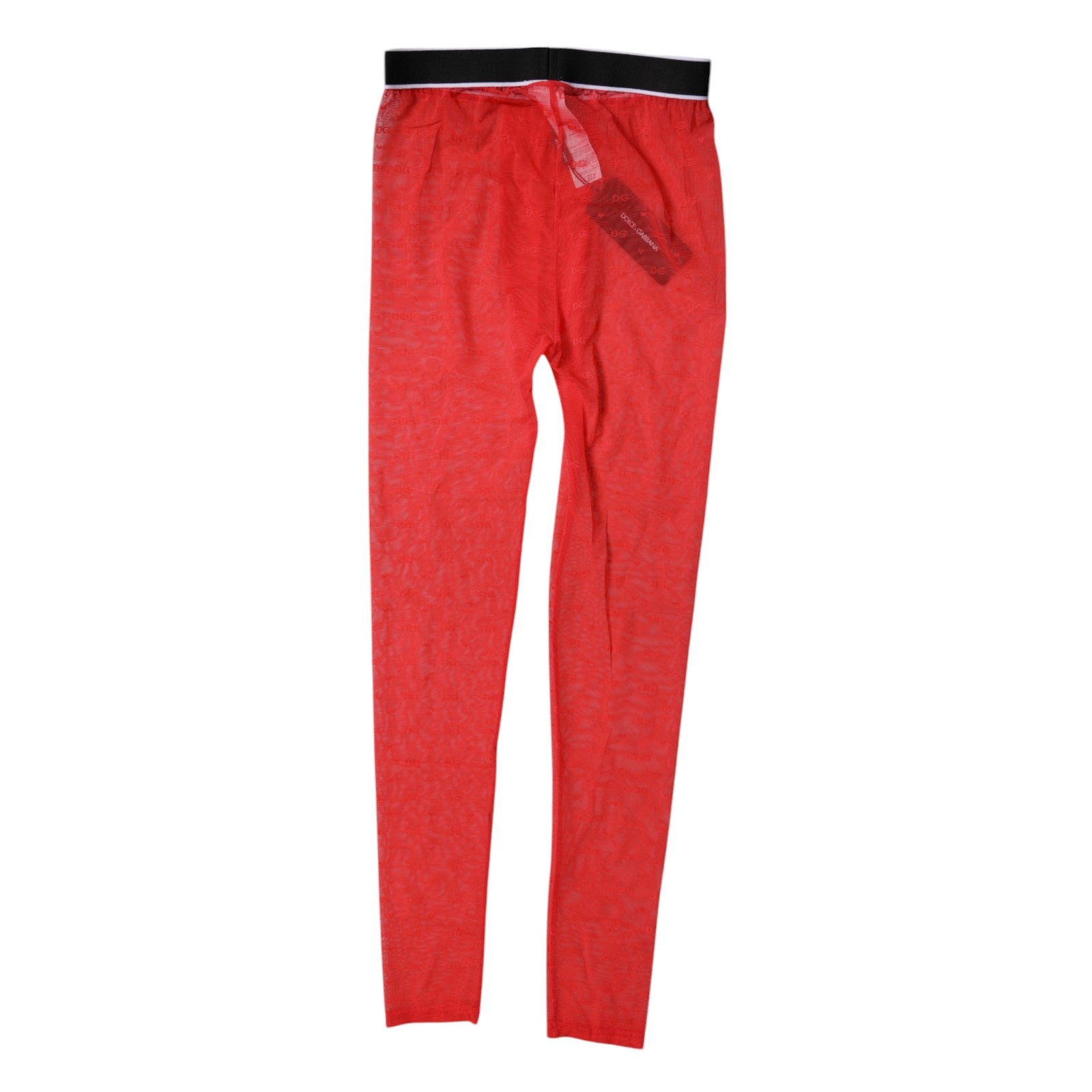 Lingerie Dolce & Gabbana rouge avec logo en dentelle, pantalon moulant et sous-vêtements ajustés, vue de face.
