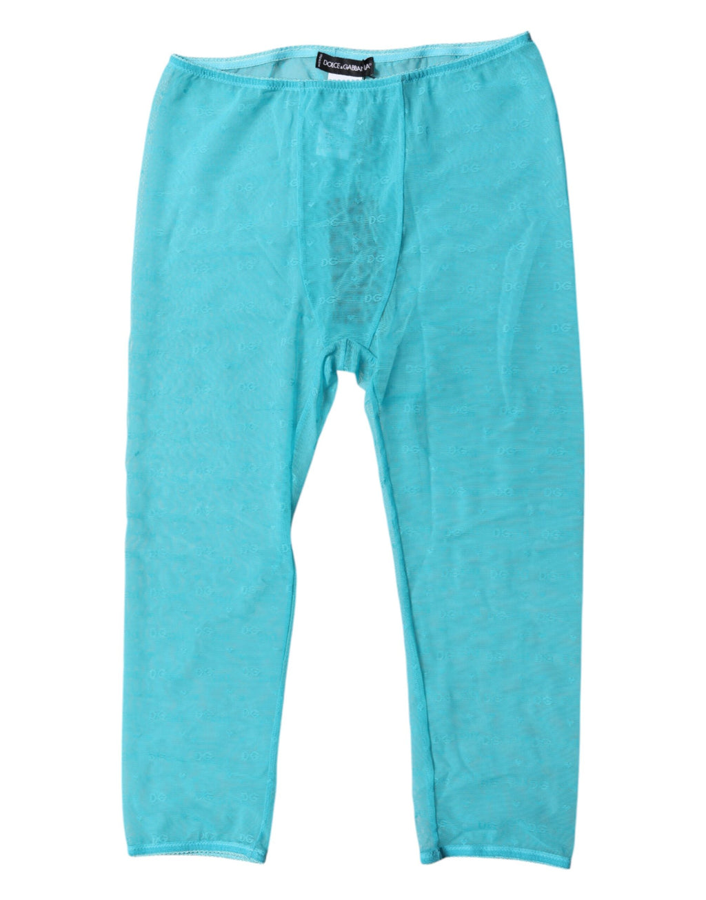 Lingerie Dolce & Gabbana bleue avec logo, dentelle, coupe courte et ajustée, détails élégants en tissu fin.