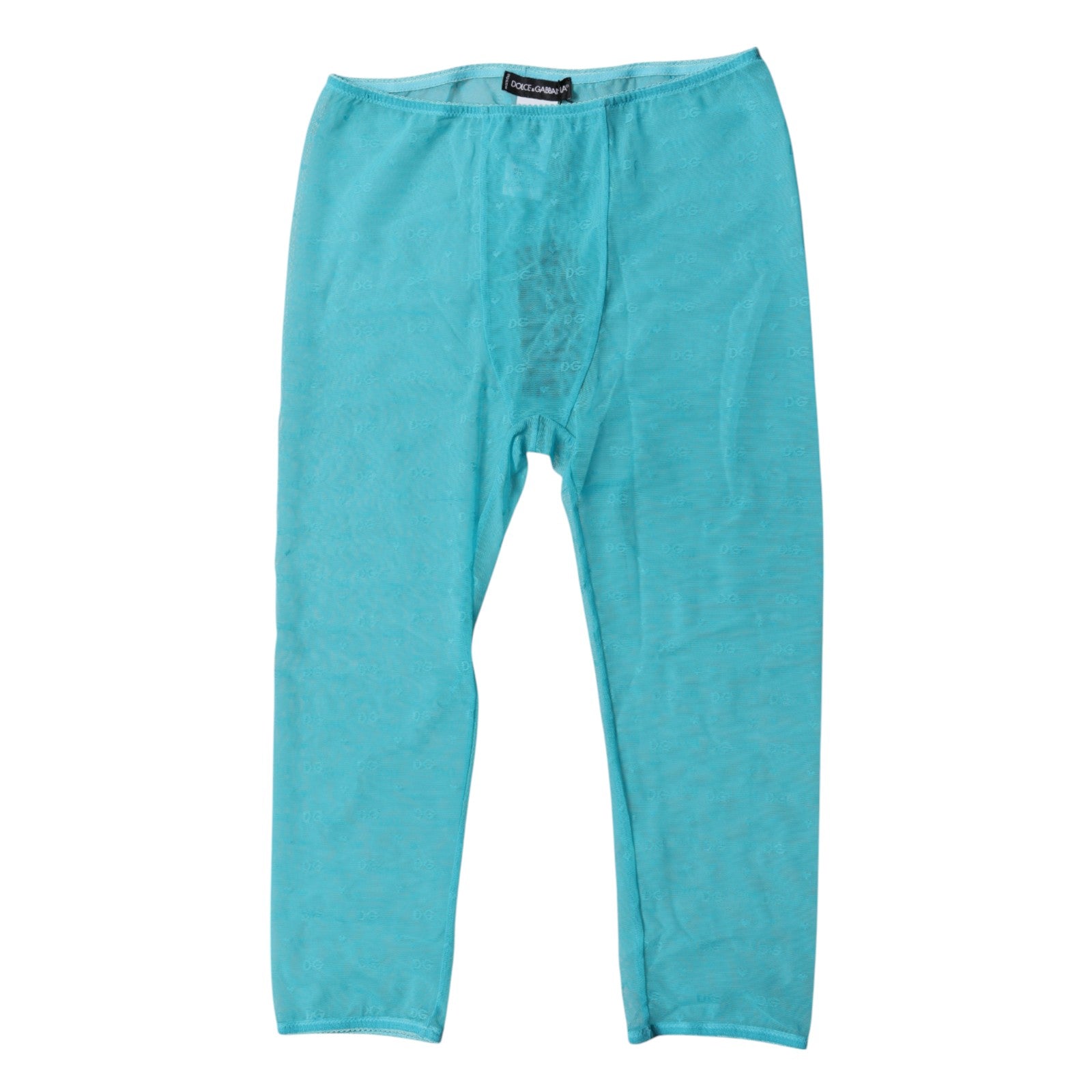 Lingerie Dolce & Gabbana bleue avec logo en dentelle, coupe courte et ajustée, sous-vêtements élégants et confortables.
