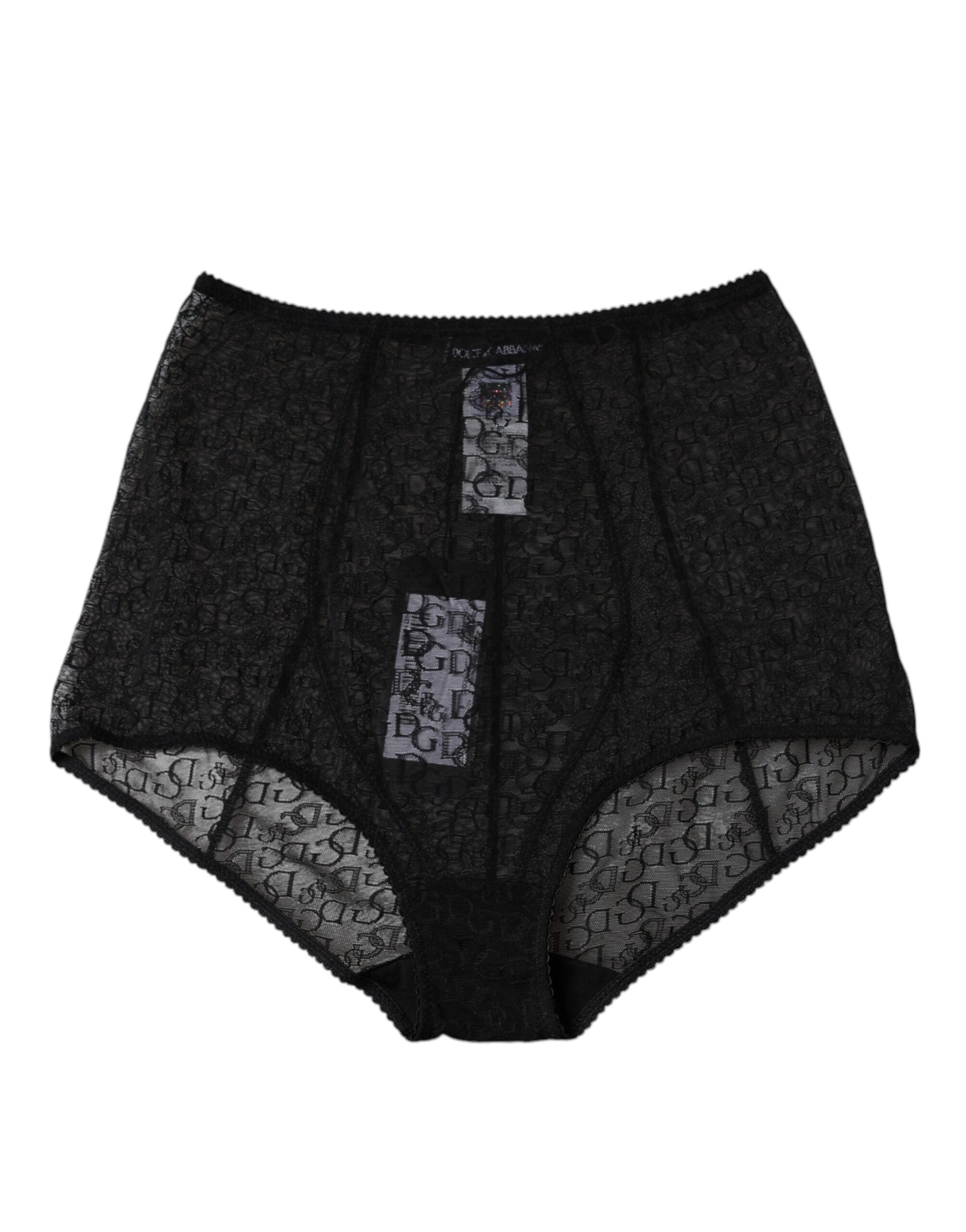 Culotte noir Dolce & Gabbana, porte-jarretelles taille haute avec logo, en tissu extensible et élégante finition.
