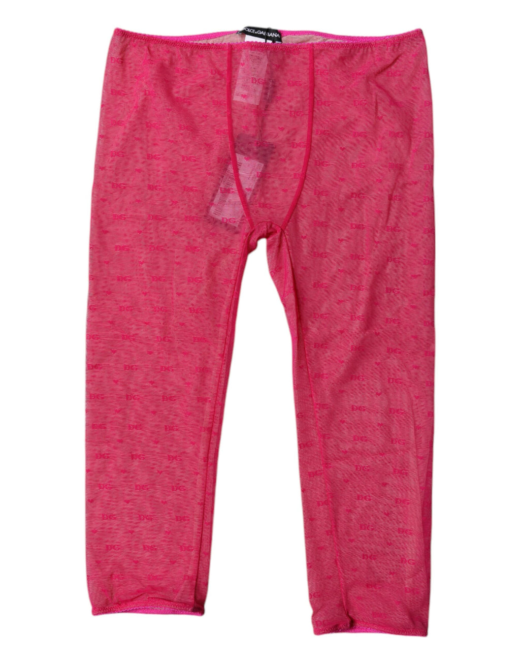 Lingerie Dolce & Gabbana en dentelle rose fuchsia avec logo, coupe courte et ajustée, visible en détail.