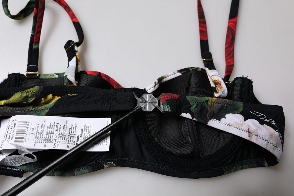 Soutien-gorge balconnette en nylon noir à imprimé floral Dolce & Gabbana, sous-vêtements élégants et confortables.