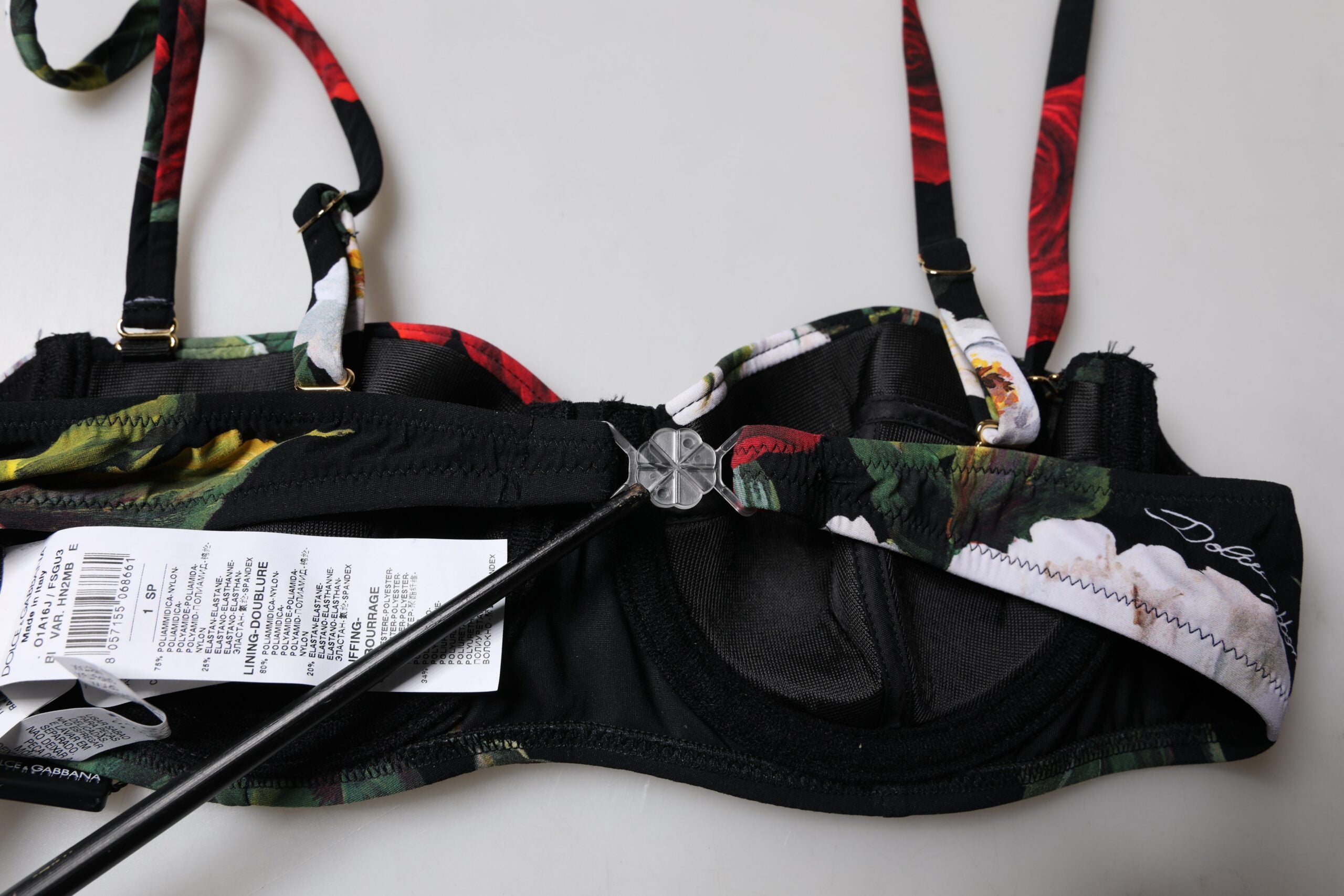 Soutien-gorge balconnette en nylon noir à imprimé floral Dolce & Gabbana, sous-vêtements élégants et confortables.
