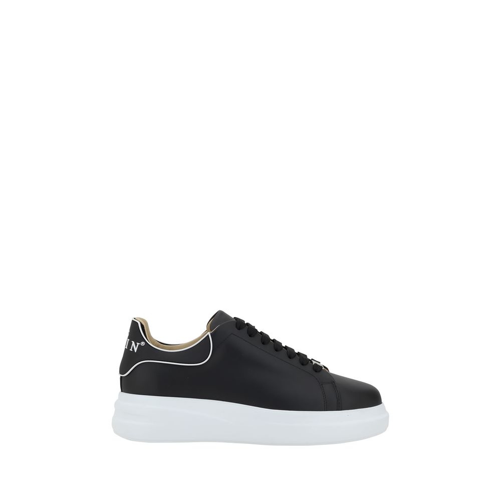Chaussures basses en cuir de veau noir Philipp Plein Bos Taurus, sneakers tendance pour homme, vue de face.