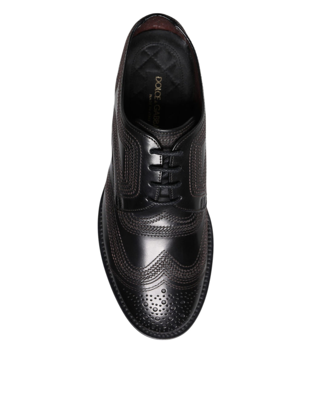 Chaussures derby en cuir noir Dolce & Gabbana, classiques avec broderies élégantes et détails sophistiqués.