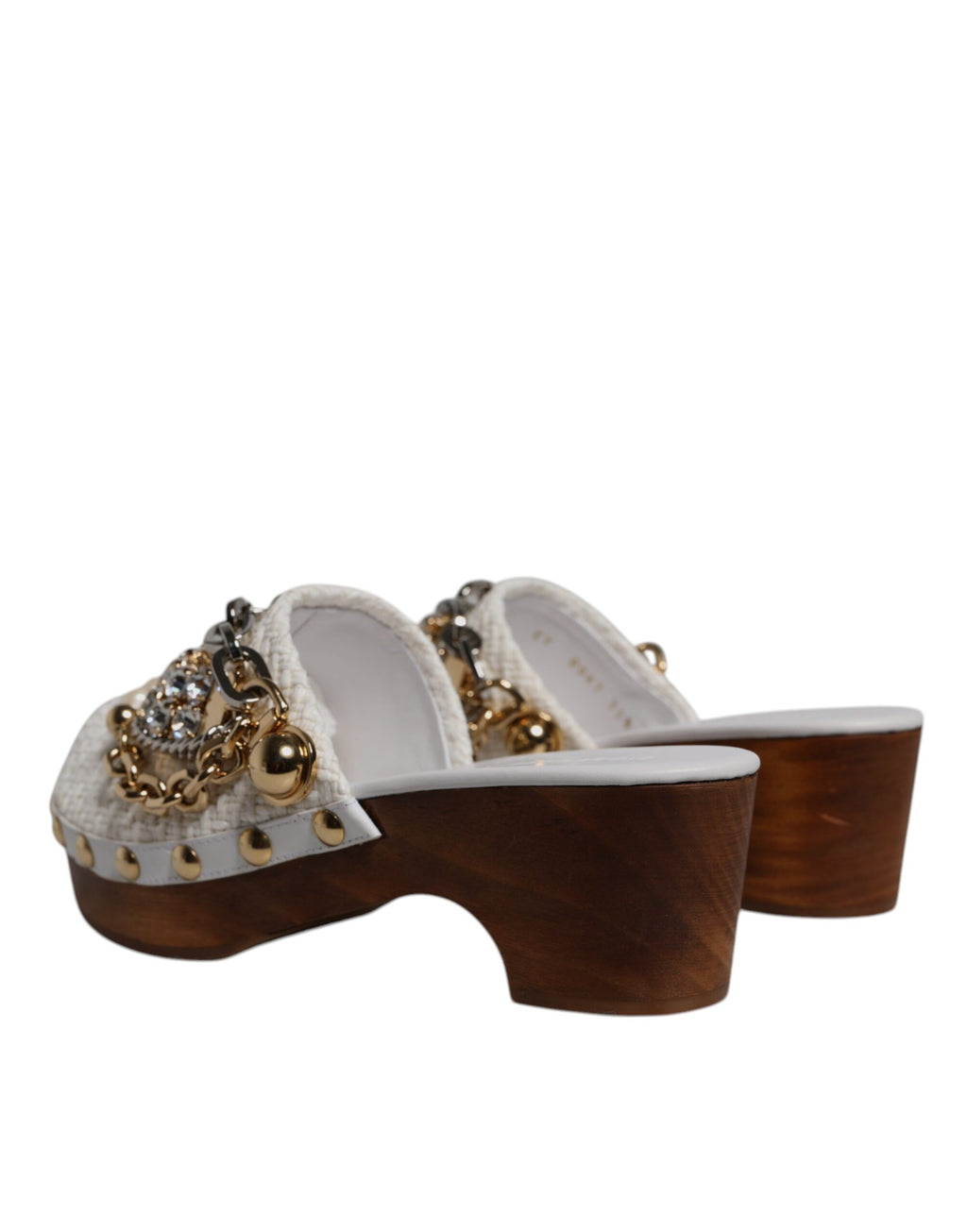 Sandales Dolce & Gabbana en raffia blanc avec chaîne ornée de bijoux, clogs élégants pour femme.