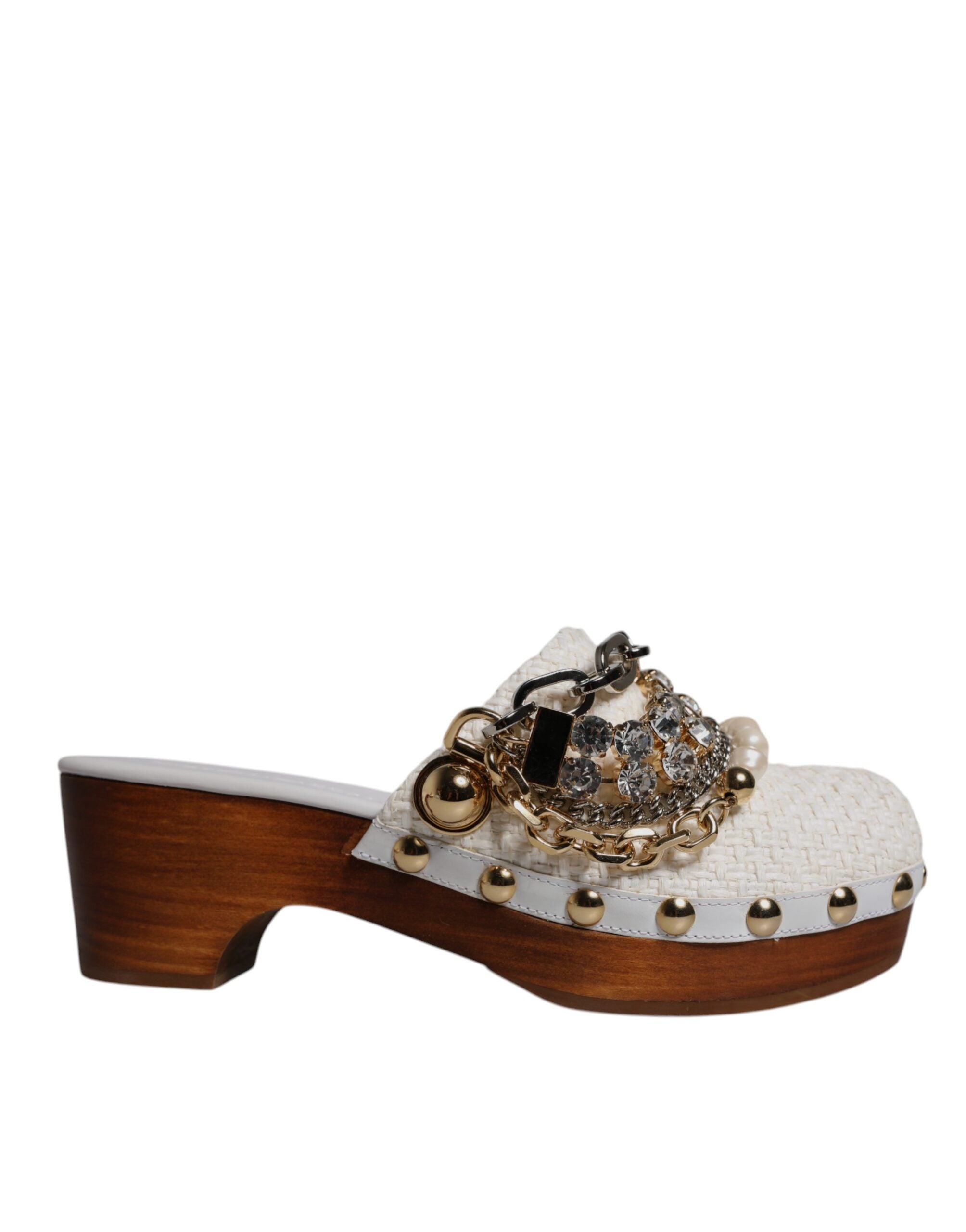 Sandales Dolce & Gabbana en raffia blanc avec chaîne ornée de bijoux, chaussures à talons pour femme.