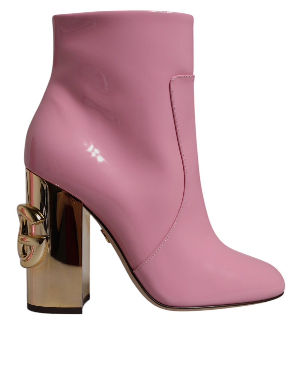 Bottes mi-mollet en cuir verni rose Dolce & Gabbana avec talon épais, chaussures élégantes et sophistiquées.