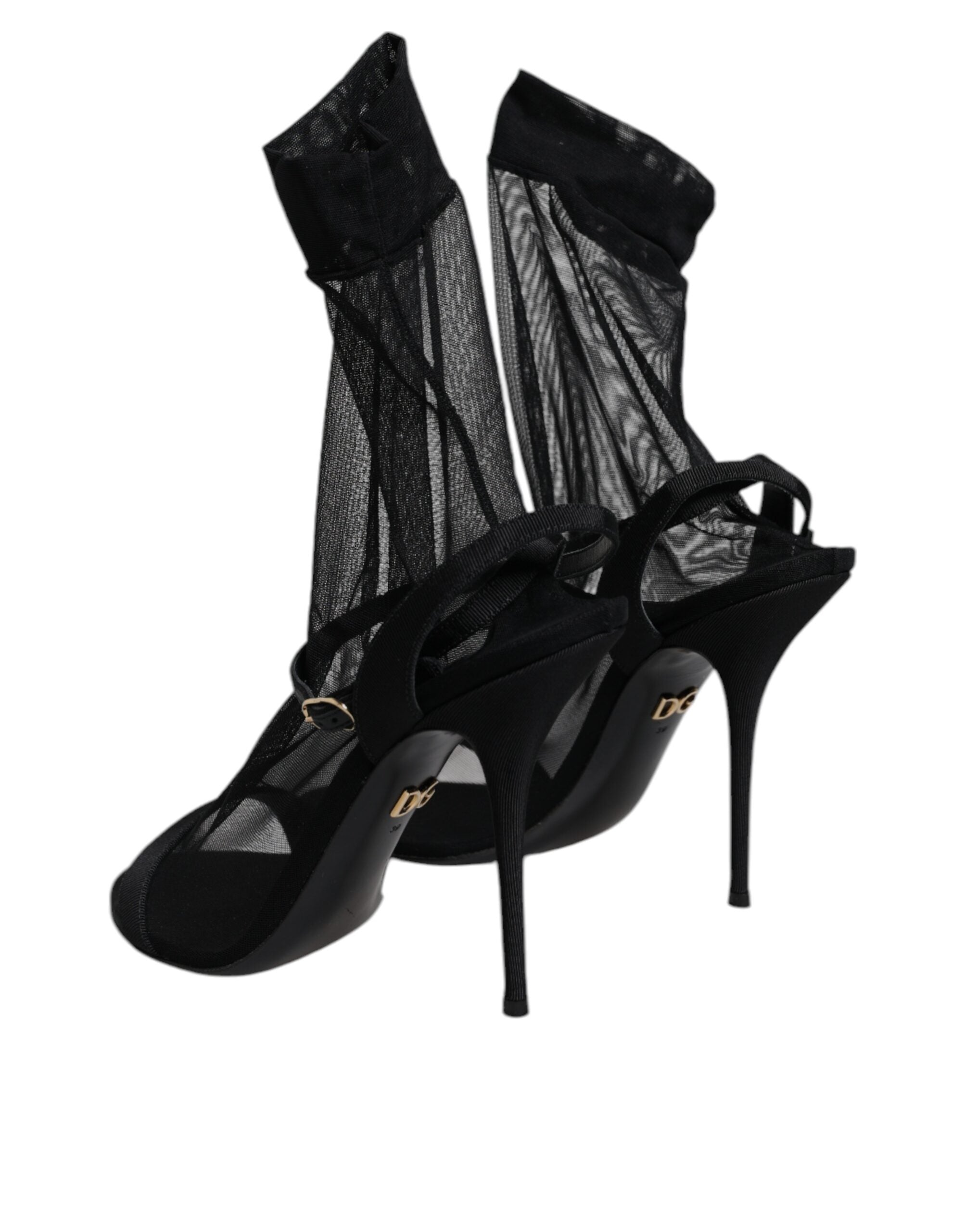 Sandales à talons noires Dolce & Gabbana en tulle extensible, élégantes chaussures à talons pour femme.