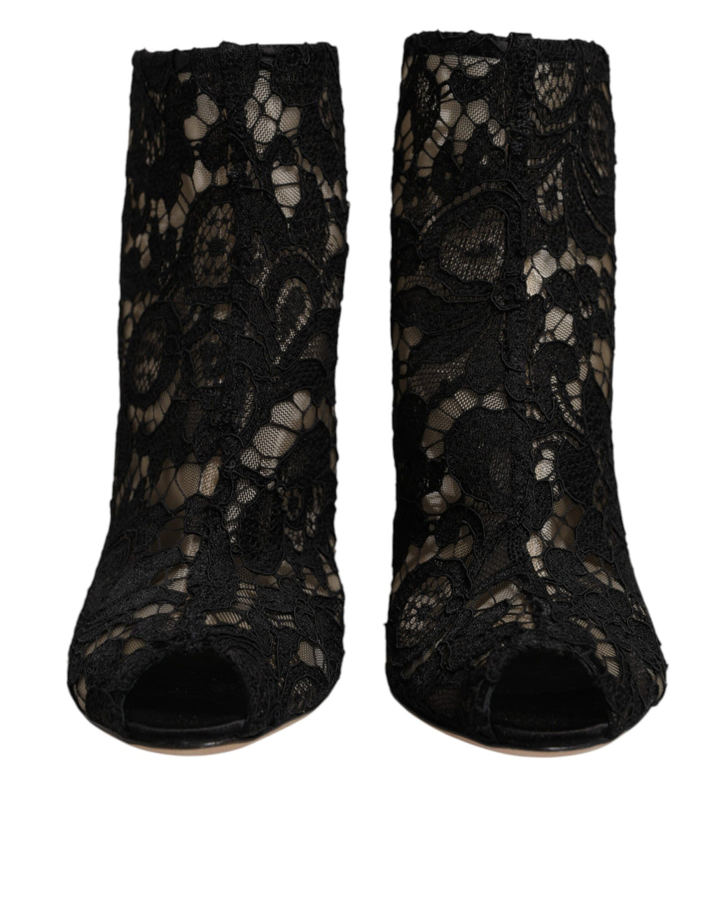 Chaussures à talons noires Dolce & Gabbana, bottines en dentelle florale, avec talon et fermeture à laçage.