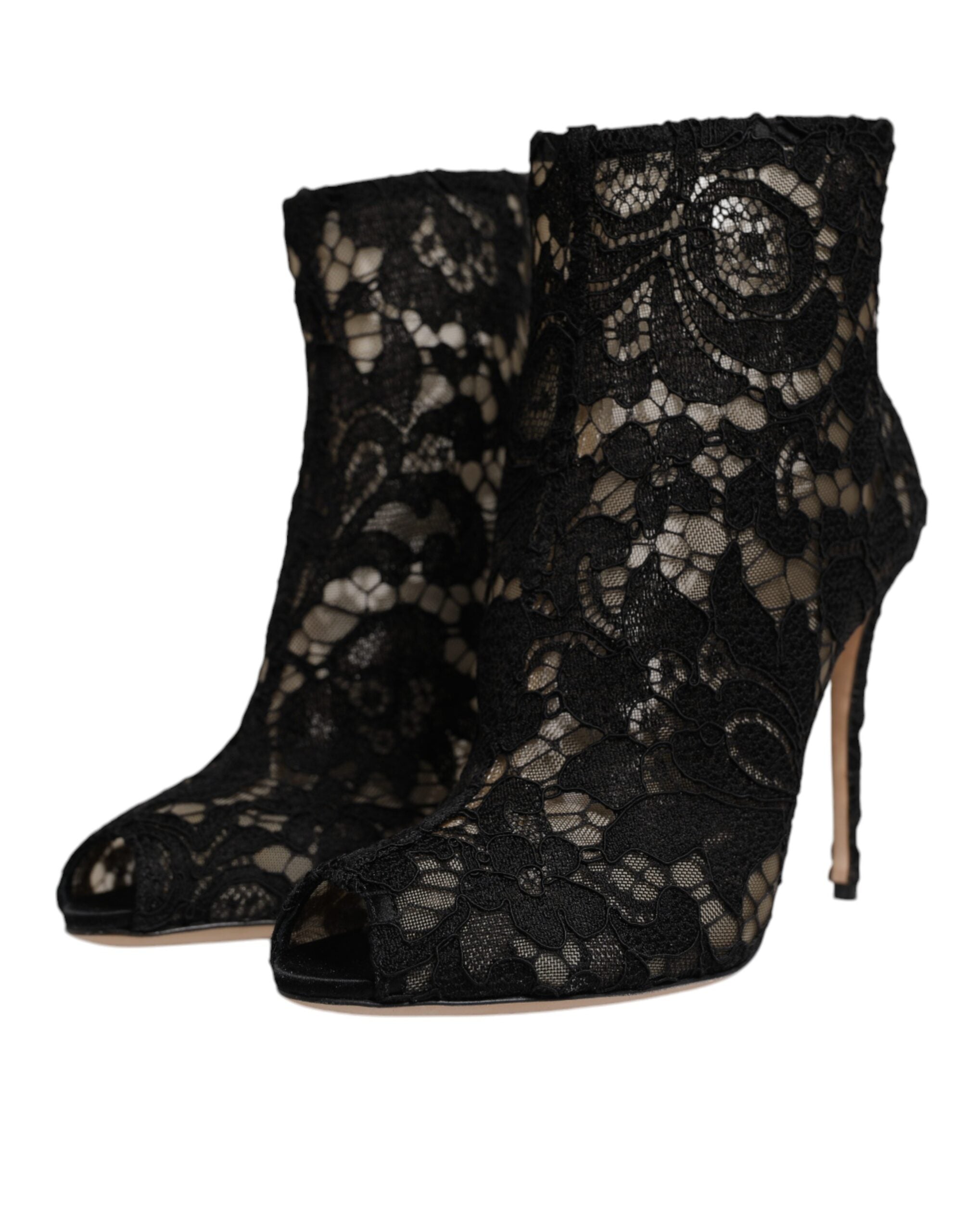 Chaussures Dolce & Gabbana à talons avec lacets en dentelle noire à motifs floraux et bout ouvert.