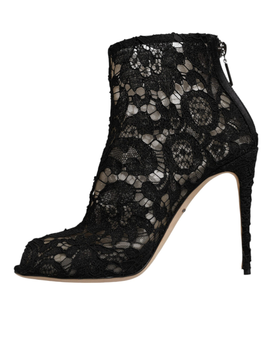 Chaussures Dolce & Gabbana à talons noirs en dentelle florale, bottines élégantes à la cheville.