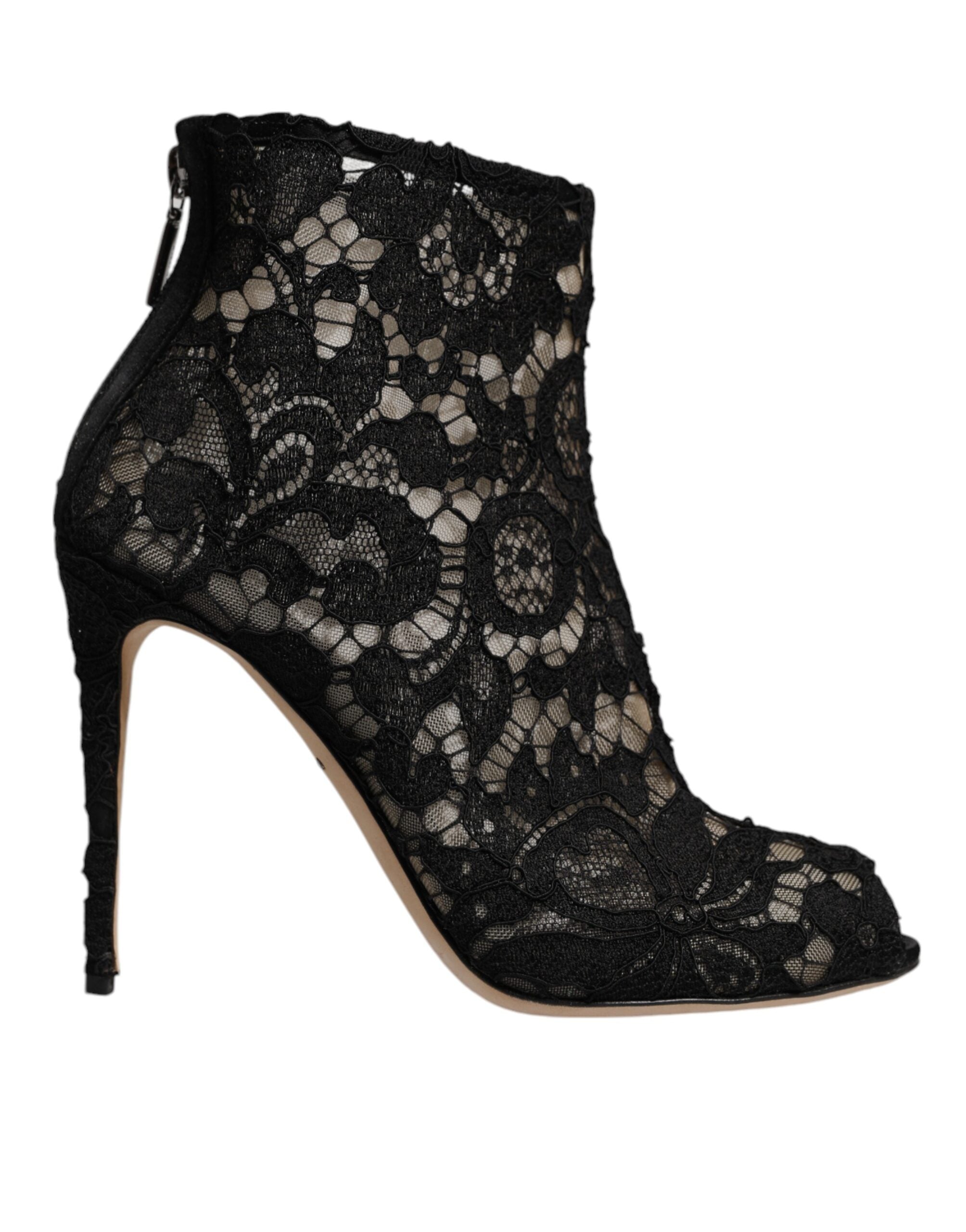 Escarpins ou bottines noires en dentelle florale Dolce & Gabbana, chaussures à talons avec détails élégants et design sophistiqué.