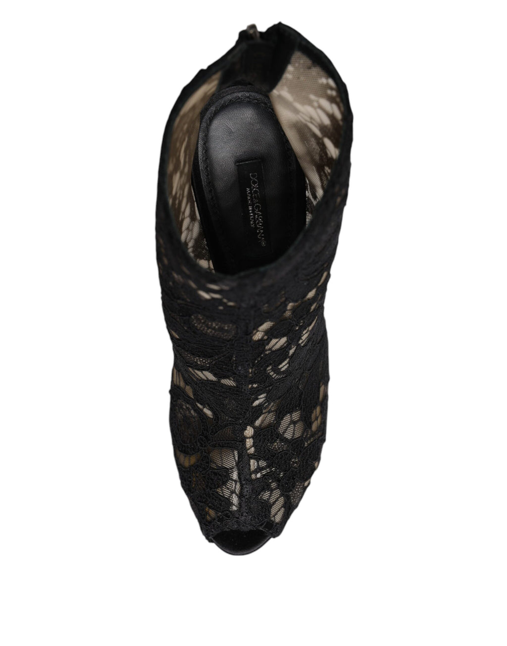 Chaussures Dolce & Gabbana à talons noirs avec dentelle florale et bottines à la cheville, élégantes et sophistiquées.