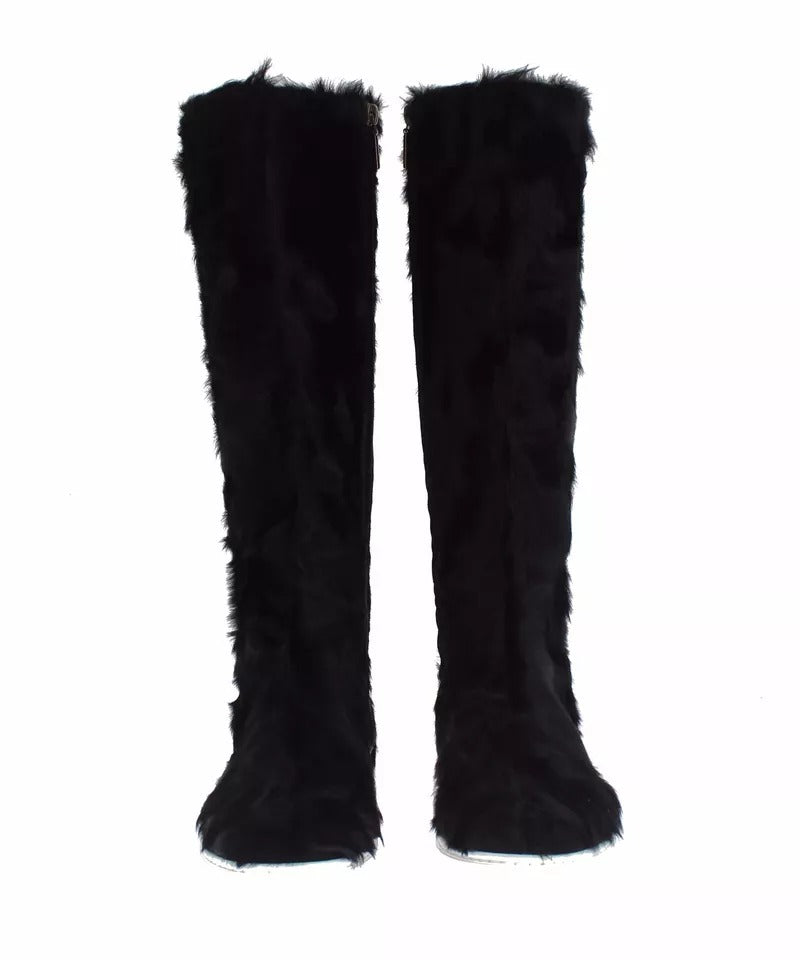 Bottes en cuir et fourrure de lamb Xiangao noires de Dolce & Gabbana, chaussures élégantes et sophistiquées.
