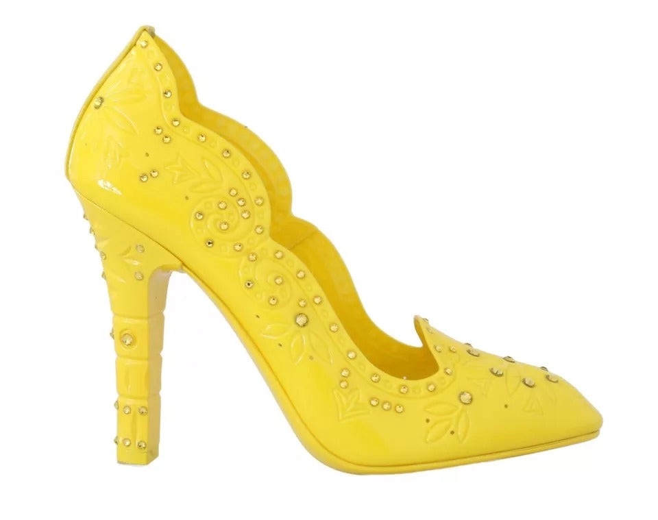 Chaussures à talons jaunes Dolce & Gabbana CINDERELLA avec cristaux, vue de face.