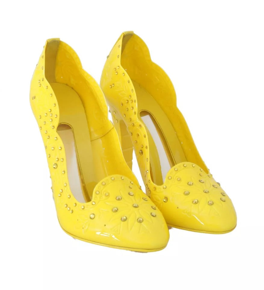 Escarpins jaunes Dolce & Gabbana CINDERELLA ornés de cristaux, chaussure élégante à talons pour femmes.
