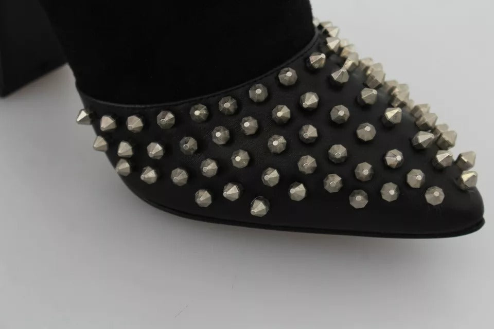 Chaussures à talons noires en daim Philipp Plein avec studs, bottines à la cheville élégantes et tendance.