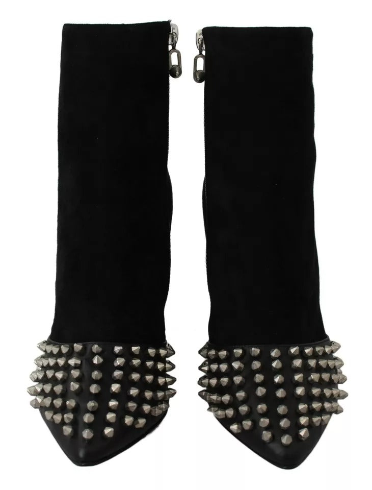 Chaussures bottines noires en daim Philipp Plein avec studs, talons hauts et design élégant pour femmes.