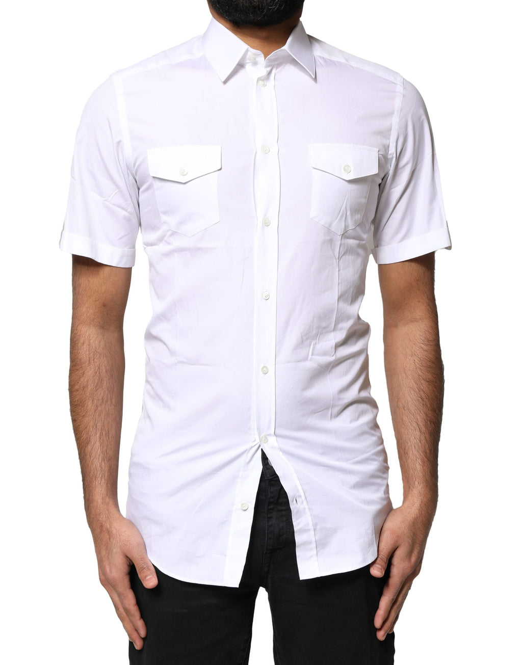 Chemise polo homme Dolce & Gabbana blanche avec boutons dorés, style décontracté et élégant.