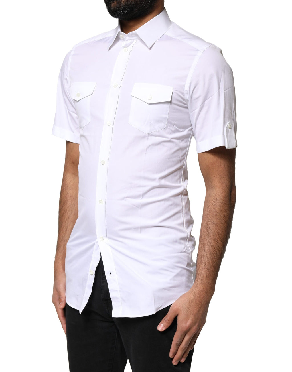 Chemise polo décontractée blanche pour homme Dolce & Gabbana avec boutons dorés, style élégant et sophistiqué.