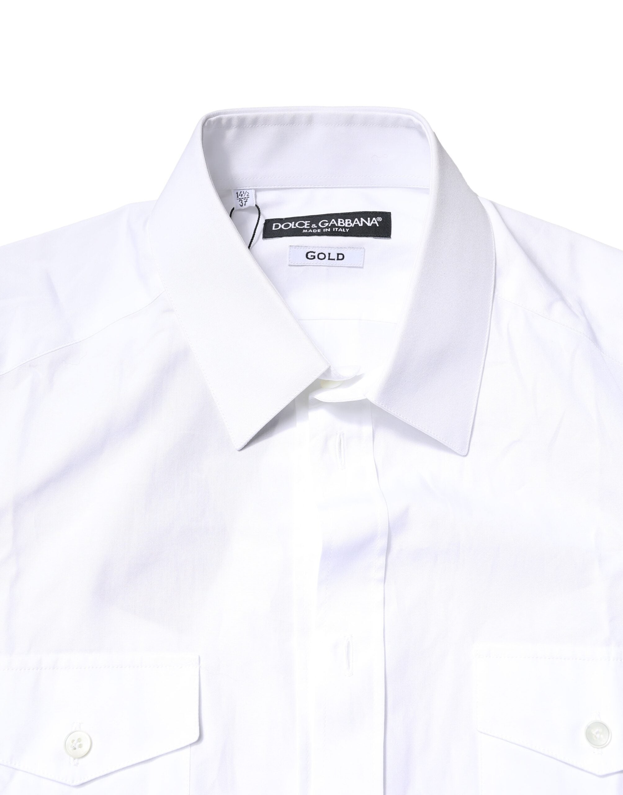 Chemise polo décontractée pour homme Dolce & Gabbana blanche avec boutons dorés, vue de face.