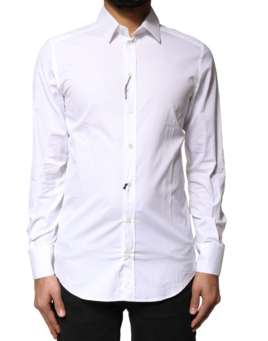 Chemise homme Dolce & Gabbana en coton blanc à manches longues avec détails dorés, élégante chemise de costume pour homme.