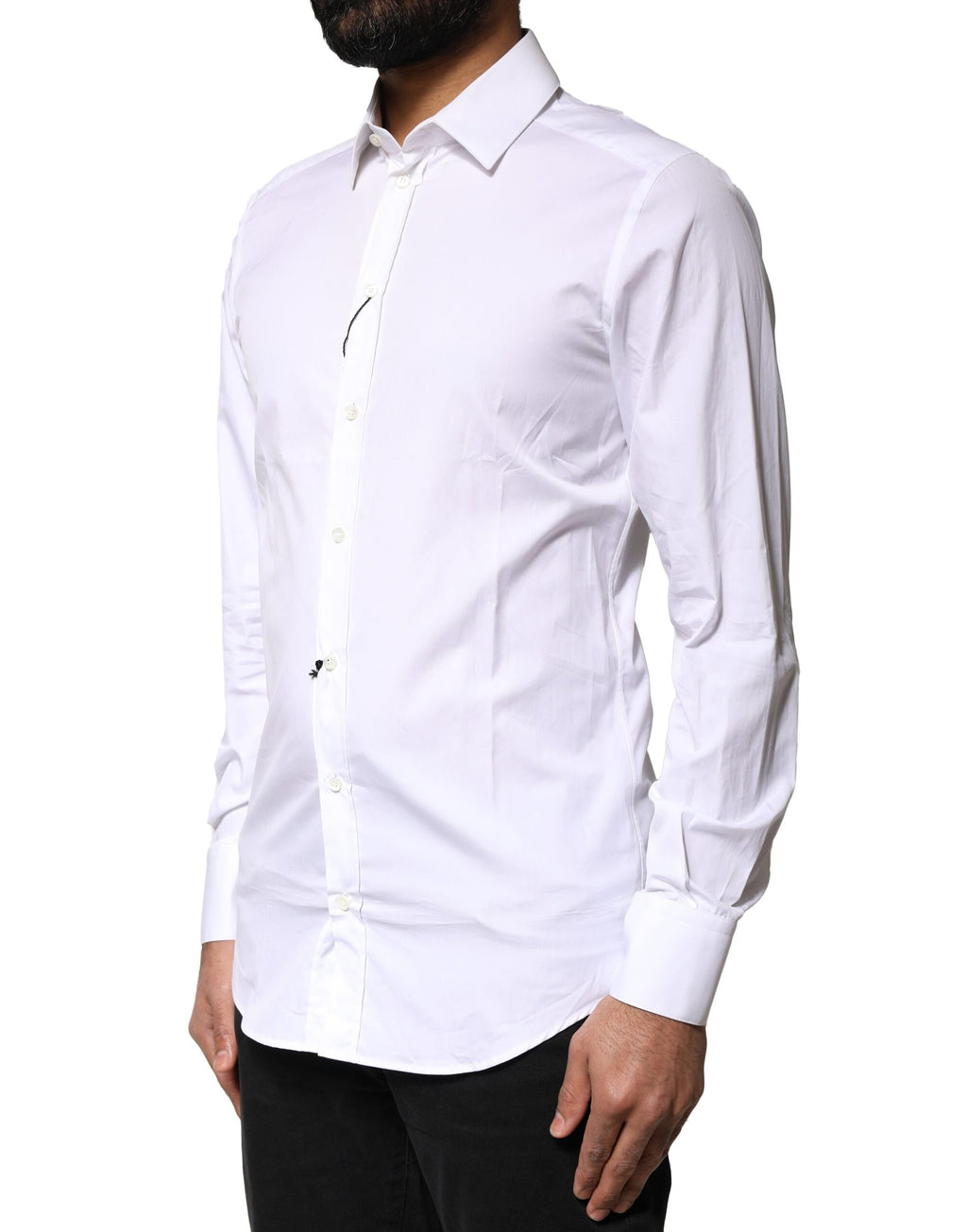 Chemise homme blanche en coton à manches longues Dolce & Gabbana avec détails en or, élégante et sophistiquée.