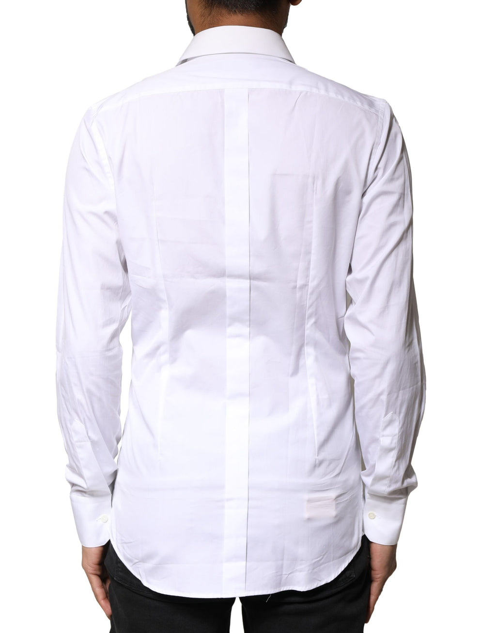 Chemise homme Dolce & Gabbana en coton blanc à manches longues avec détails dorés, style élégant et sophistiqué.