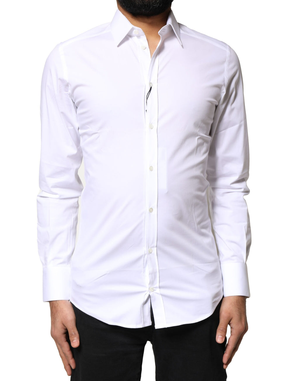 Chemise blanche Dolce & Gabbana en coton à manches longues avec détails dorés, vue de face.