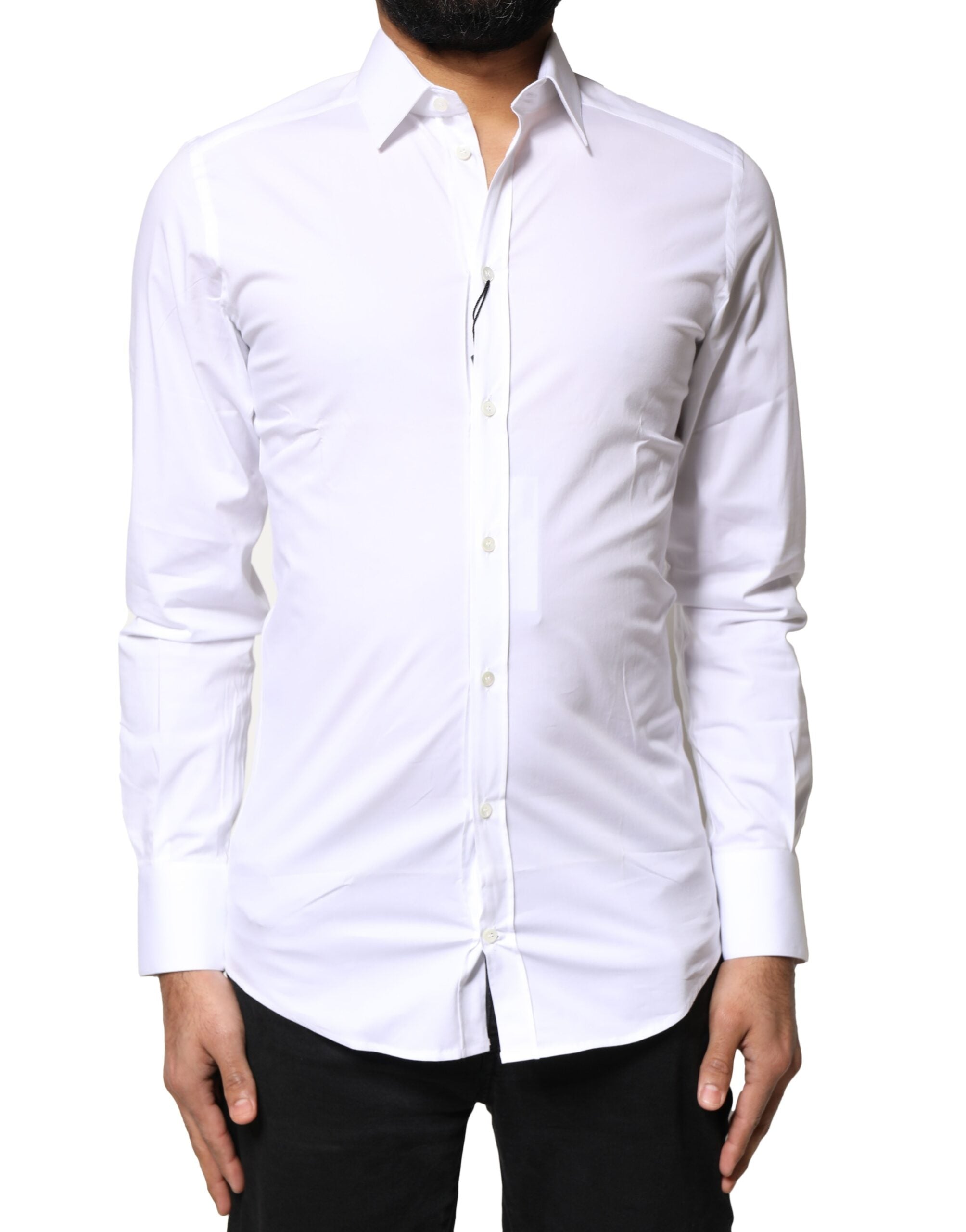 Chemise blanche Dolce & Gabbana en coton à manches longues avec détails dorés, vue de face.