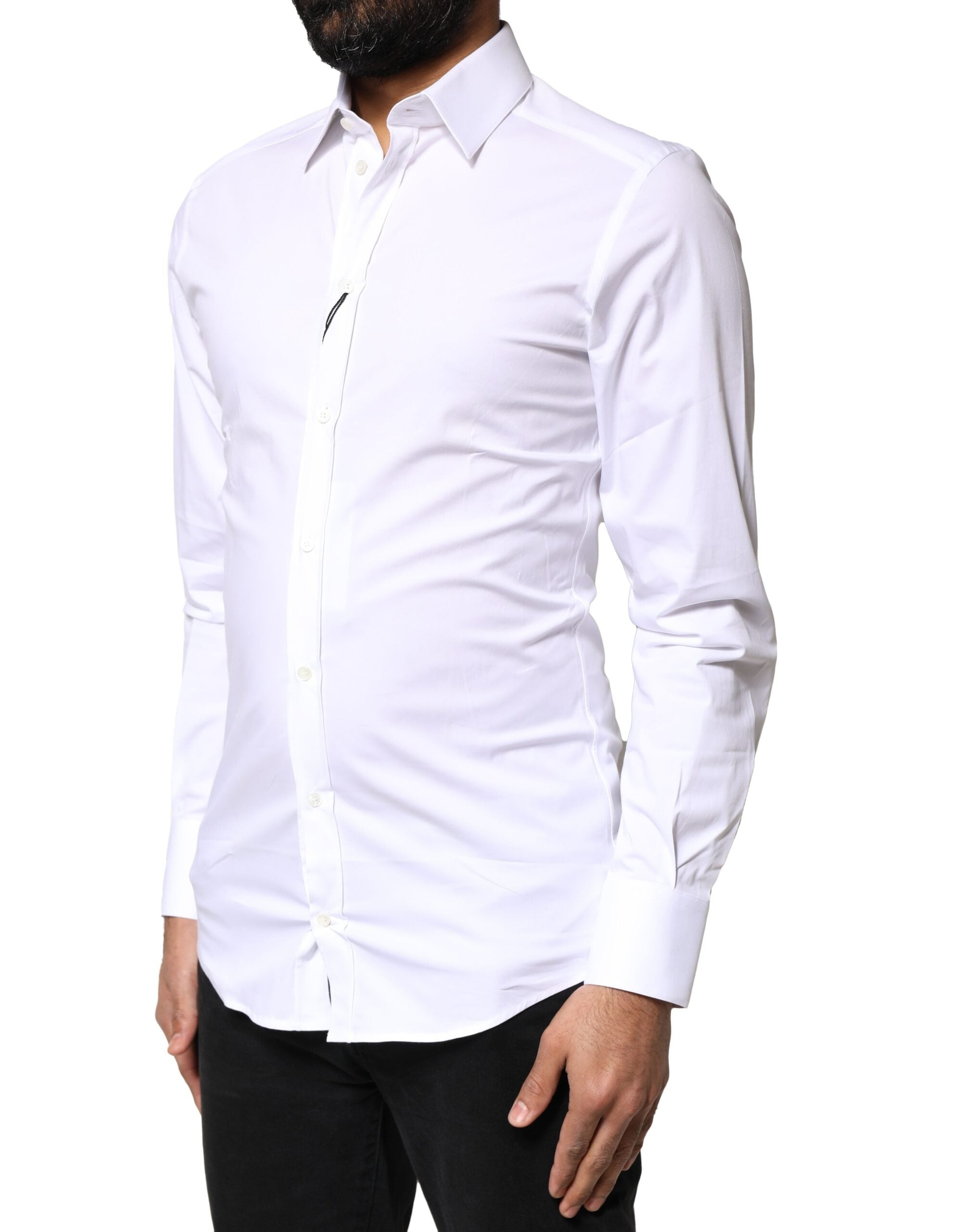 Chemise blanche à manches longues Dolce & Gabbana en coton avec accents dorés, élégante et raffinée.