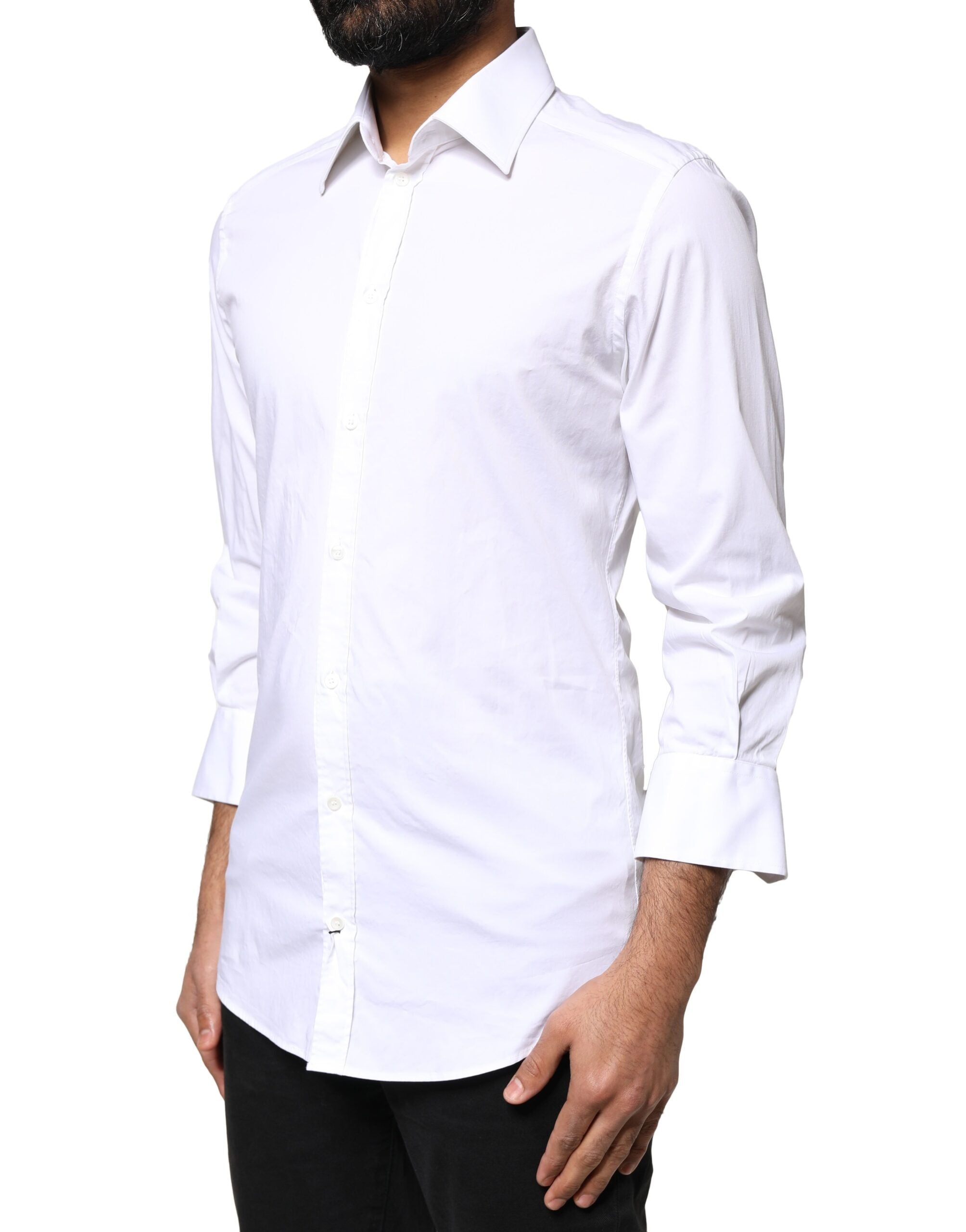 Chemise homme Dolce & Gabbana en coton blanc avec manches longues et détails dorés, élégante et sophistiquée.