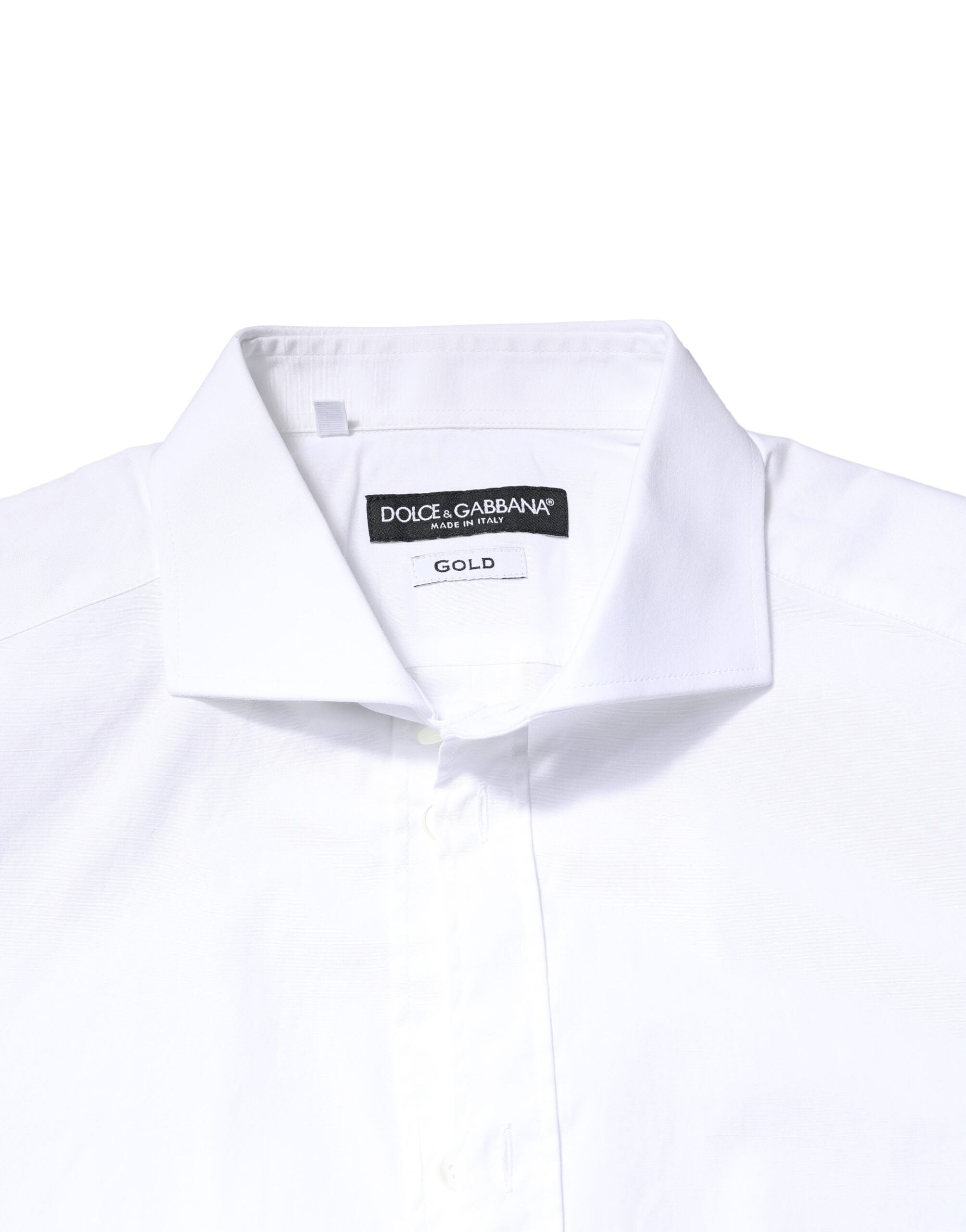 Chemise blanche à manches longues en coton Dolce & Gabbana avec détails dorés, élégante et sophistiquée pour homme.