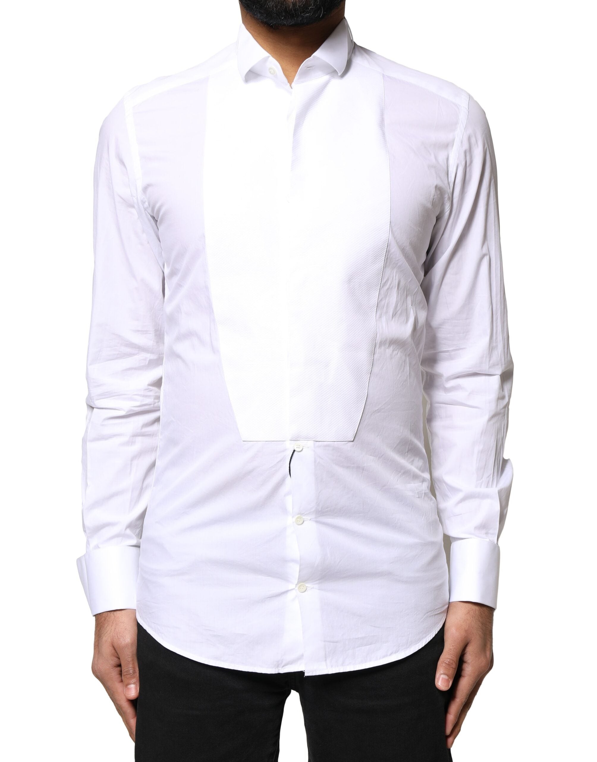 Chemise blanche Dolce & Gabbana en coton popeline avec col formel et détails dorés, élégante chemise pour homme.