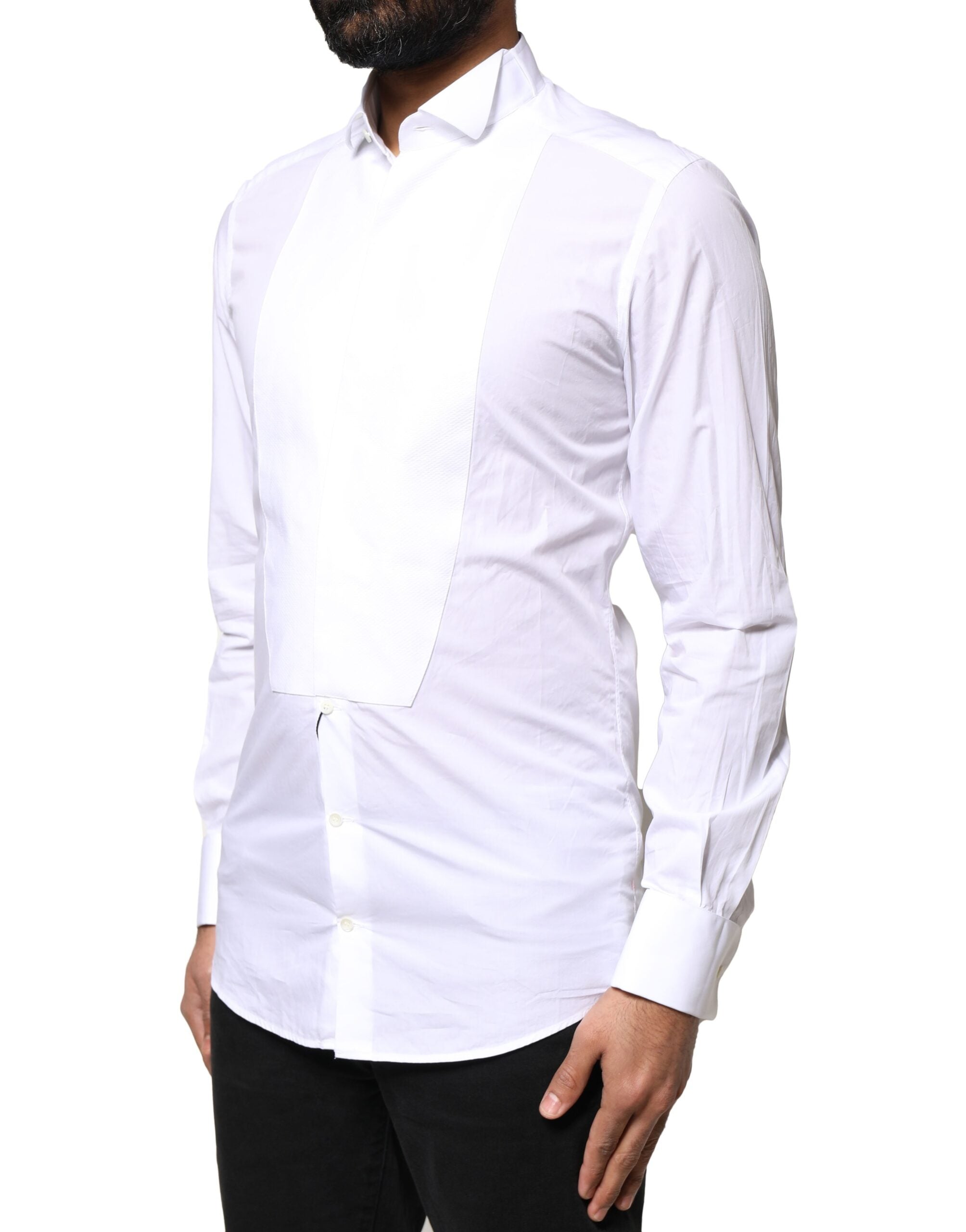 Chemise formelle blanche Dolce & Gabbana en coton popeline avec détails dorés, vue de face.
