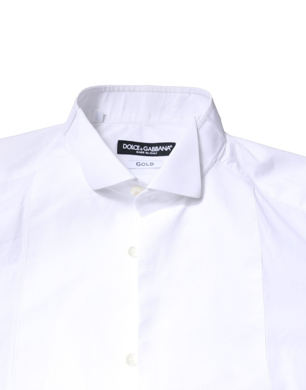 Chemise habillée blanche Dolce & Gabbana en coton popeline avec détails dorés, vue de face.