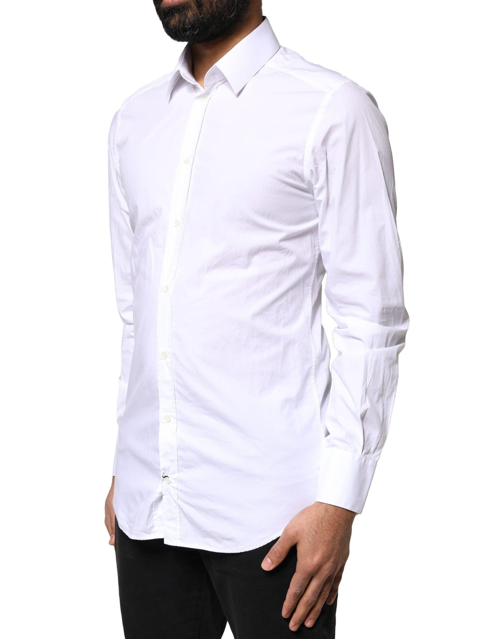 Chemise homme blanche en coton Dolce & Gabbana, manches longues avec détails dorés, élégante et sophistiquée.