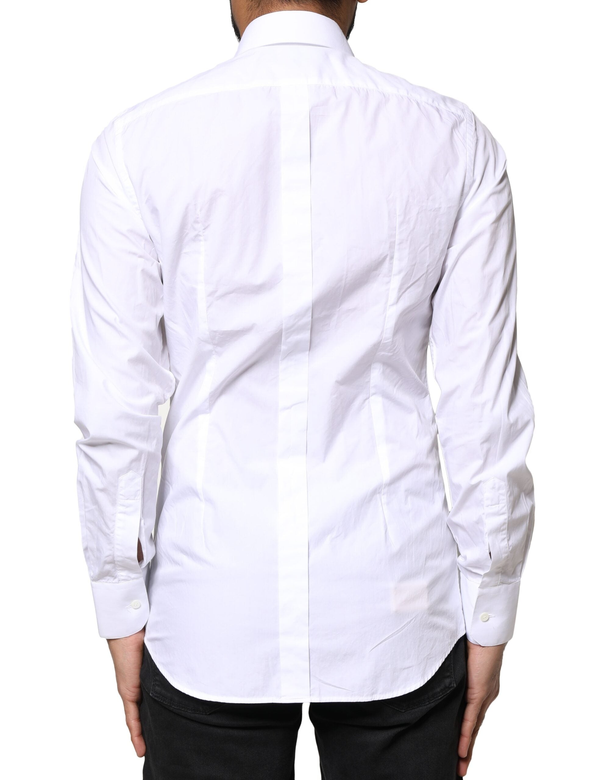Chemise homme Dolce & Gabbana en coton blanc à manches longues avec détails dorés, style élégant et sophistiqué.