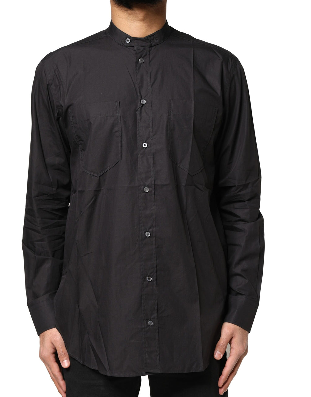 Chemise décontractée noire en coton Dolce & Gabbana pour homme avec boutons, vue de face.