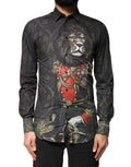 Chemise Dolce & Gabbana noire avec portrait royal de animal en or, style élégant et sophistiqué, vue de face.