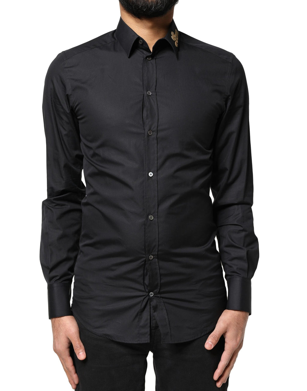 Chemise formelle noire Dolce & Gabbana Love Embroidery avec détails dorés, vue de face, tissu élégant et broderie raffinée.